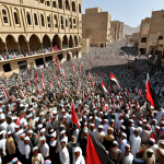 **Political Instability in Yemen**: "A powerful visual representation of Yemen's political instability, showcasing the conflict between Houthi rebels and government forces. Include imagery of protests, political rallies, and the struggles faced by the Yemeni people, reflecting the chaos and uncertainty of the situation."