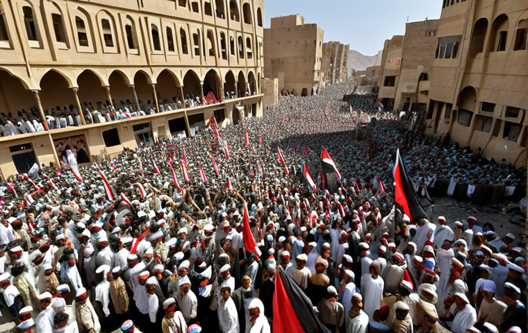 **Political Instability in Yemen**: "A powerful visual representation of Yemen's political instability, showcasing the conflict between Houthi rebels and government forces. Include imagery of protests, political rallies, and the struggles faced by the Yemeni people, reflecting the chaos and uncertainty of the situation."