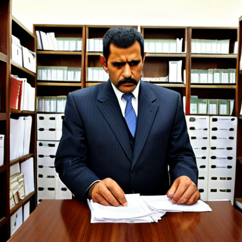 Home 15 **
A stern-looking official meticulously reviewing visa applications at a Yemeni embassy, surrounded by stacks of documents, highlighting the complex and strict entry process.
**