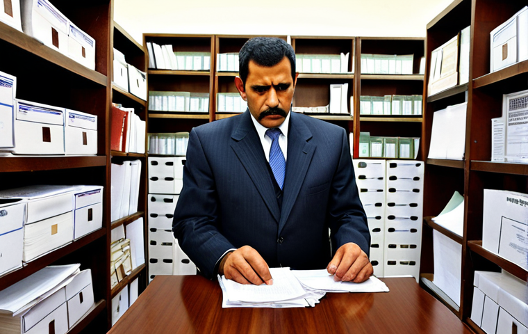 **
A stern-looking official meticulously reviewing visa applications at a Yemeni embassy, surrounded by stacks of documents, highlighting the complex and strict entry process.
**