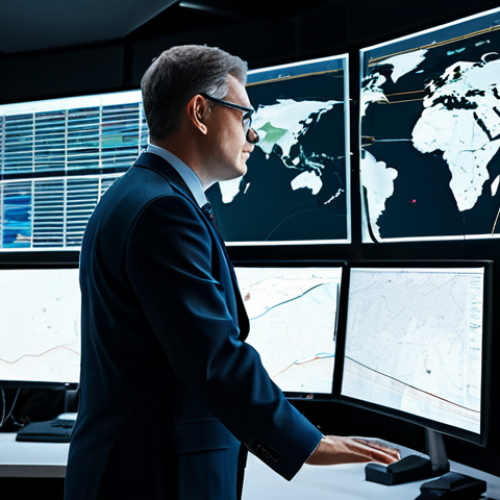 Home 8 A professional security analyst in a modern, fully clothed business suit, attentively monitoring large, interactive screens in a high-tech maritime operations center. The screens display complex data visualizations of global shipping routes, real-time surveillance feeds from satellite and drone systems, and predictive threat analytics powered by AI, emphasizing sophisticated information warfare capabilities and early warning systems. Perfect anatomy, correct proportions, natural pose, well-formed hands, proper finger count, natural body proportions, professional dress, appropriate attire, safe for work, appropriate content, fully clothed, family-friendly, high quality, cinematic lighting.