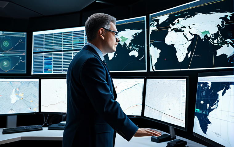 A professional security analyst in a modern, fully clothed business suit, attentively monitoring large, interactive screens in a high-tech maritime operations center. The screens display complex data visualizations of global shipping routes, real-time surveillance feeds from satellite and drone systems, and predictive threat analytics powered by AI, emphasizing sophisticated information warfare capabilities and early warning systems. Perfect anatomy, correct proportions, natural pose, well-formed hands, proper finger count, natural body proportions, professional dress, appropriate attire, safe for work, appropriate content, fully clothed, family-friendly, high quality, cinematic lighting.